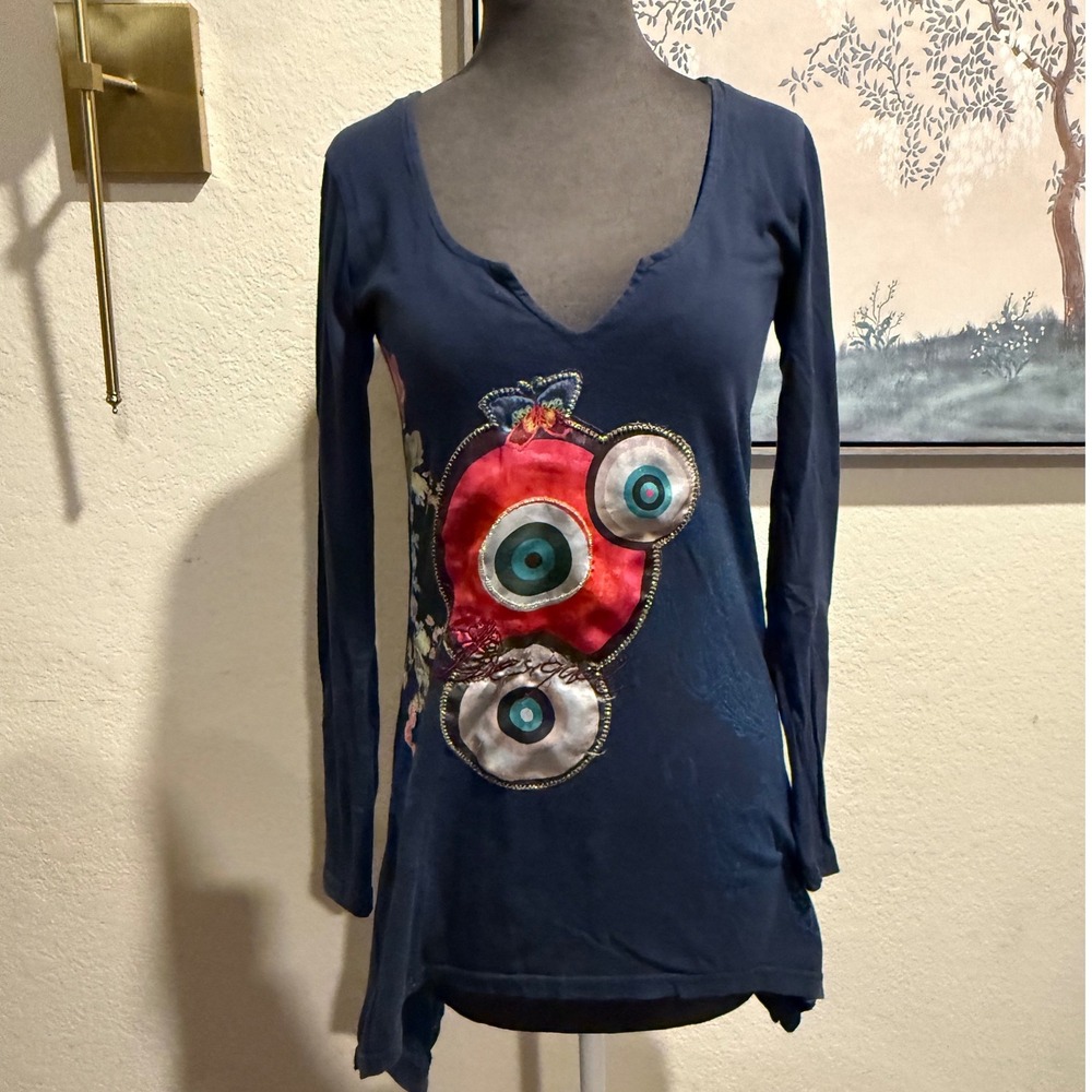 Desigual Navy Blue Long Sleeve Tunic Handkerchief Hem Boho Graphic Top